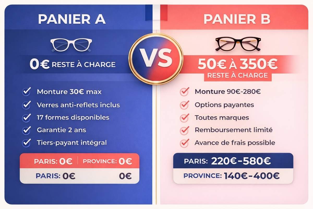 Infographie comparaison prix lunettes panier A panier B reste à charge 100% Santé Paris province France
