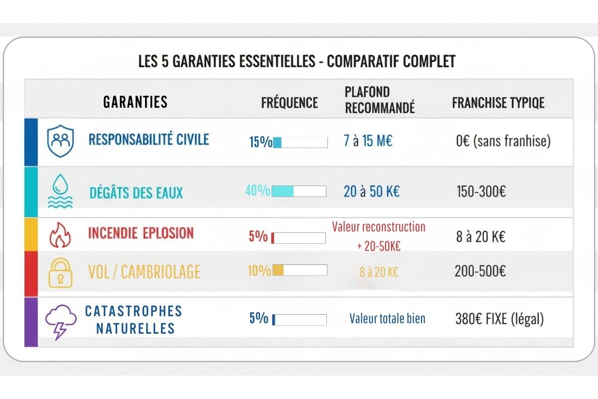 Tableau comparatif cinq garanties essentielles assurance habitation responsabilité civile dégâts eaux incendie vol catastrophe naturelle avec fréquences plafonds franchises