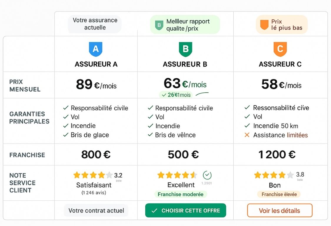 Tableau de comparaison en trois colonnes présentant trois assureurs automobiles différents avec lignes comparatives : prix mensuel en euros, garanties principales incluses, montant de franchise, note de service client avec étoiles, permettant identification rapide de la meilleure offre