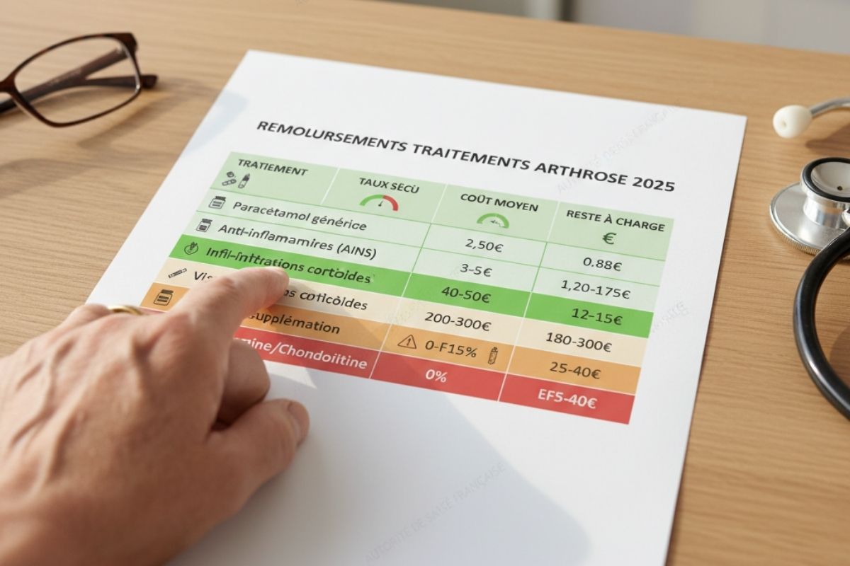 Tableau médical détaillé des remboursements de l'Assurance Maladie pour les traitements de l'arthrose avec taux, coûts moyens et reste à charge patient