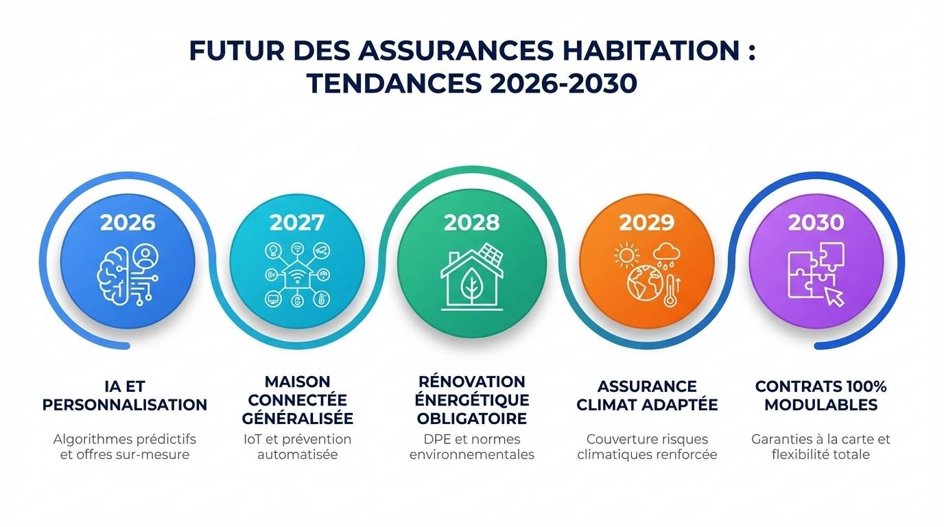 Infographie chronologique horizontale 2026-2030 tendances assurance habitation IA personnalisation maison connectée rénovation énergétique climat contrats modulables