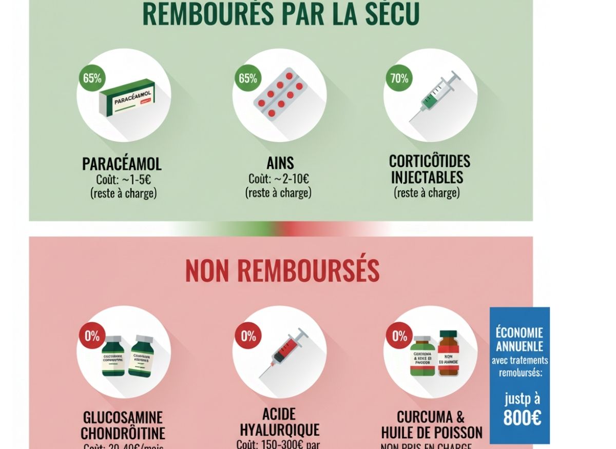 Infographie complète des traitements de l'arthrose classés selon leur remboursement par la Sécurité sociale avec taux de prise en charge et coûts estimés