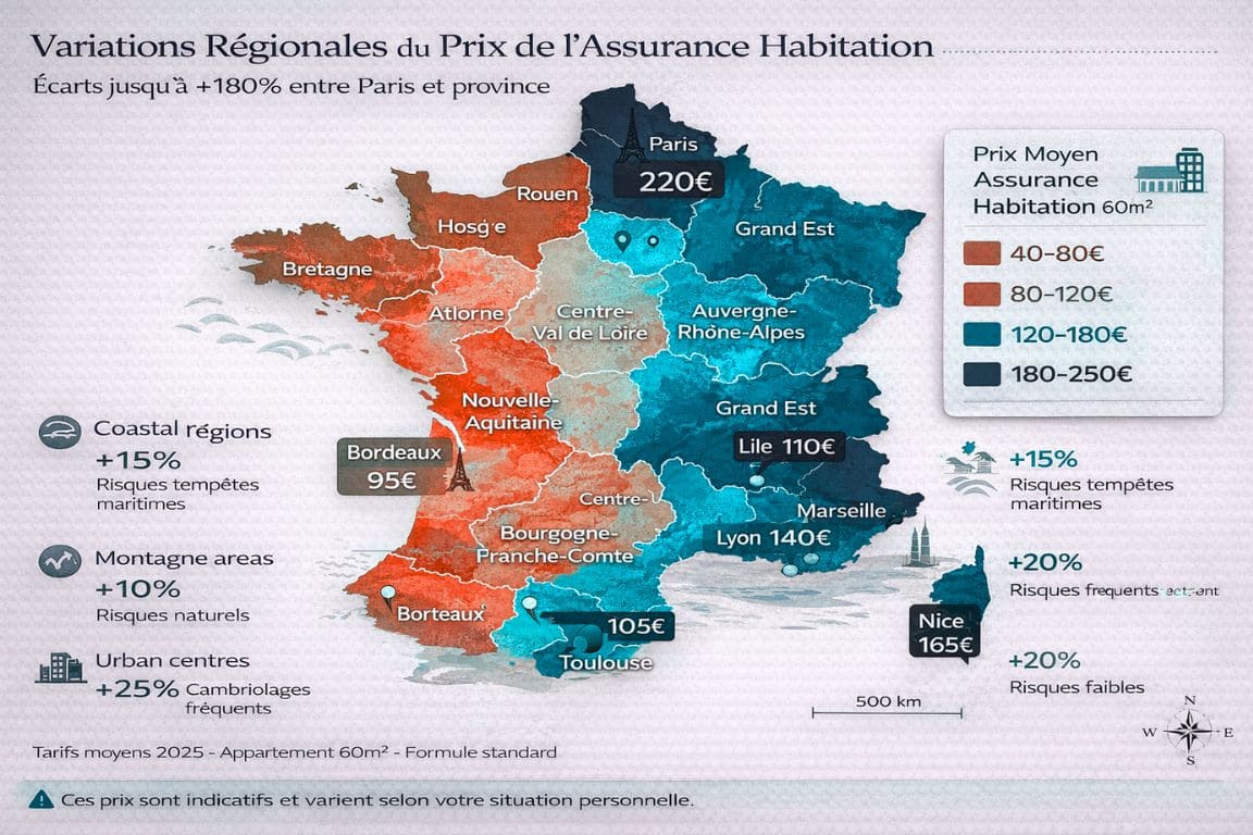 Carte de France avec gradient de couleurs montrant variations prix assurance habitation par région de 40€ à 250€