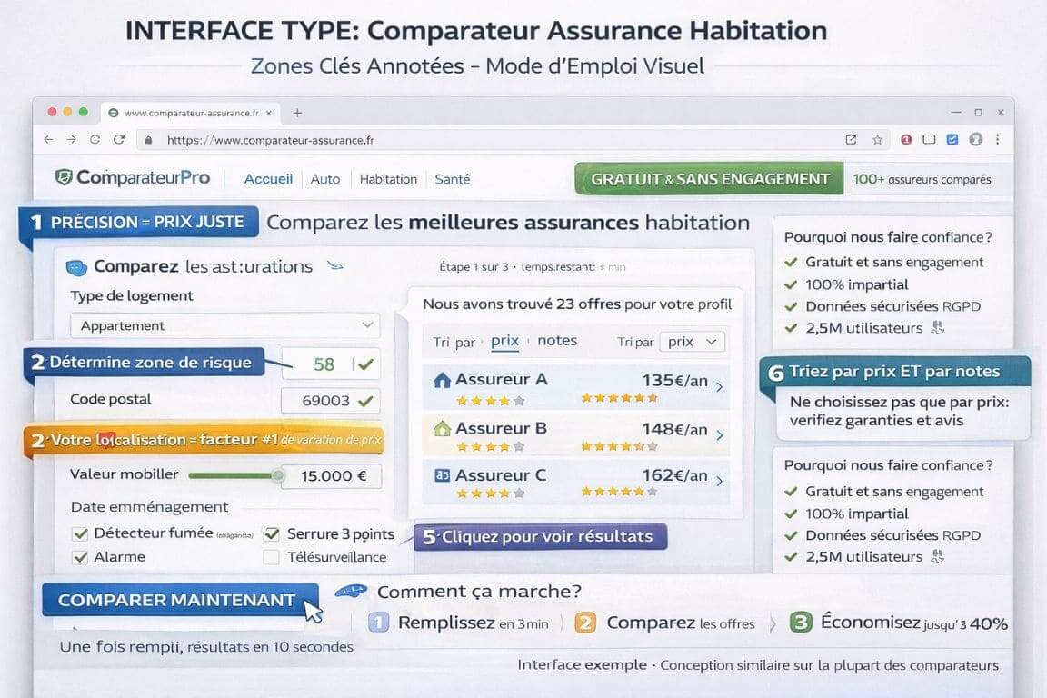  Capture écran annotée interface comparateur assurance habitation avec explications zones importantes formulaire