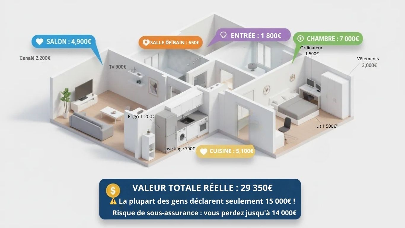 Illustration appartement coupe architectural montrant valeur mobilier pièce par pièce salon cuisine chambre avec prix détaillés total 29350 euros sous-estimation courante 15000 euros