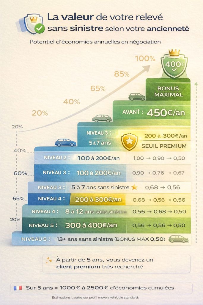 Infographie montrant la valeur croissante d'un relevé d'information sans sinistre selon l'ancienneté : de 50-100€ d'économies pour 1-2 ans à 400-500€ pour 13+ ans sans accident