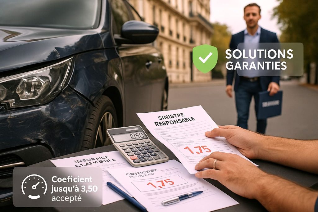 Voiture accidentée avec documents d'assurance montrant coefficient malus élevé et agent d'assurance proposant des solutions spécialisées