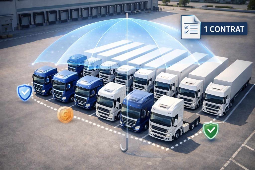 Flotte de 10 camions poids lourds sous protection unique symbolisant assurance flotte un seul contrat