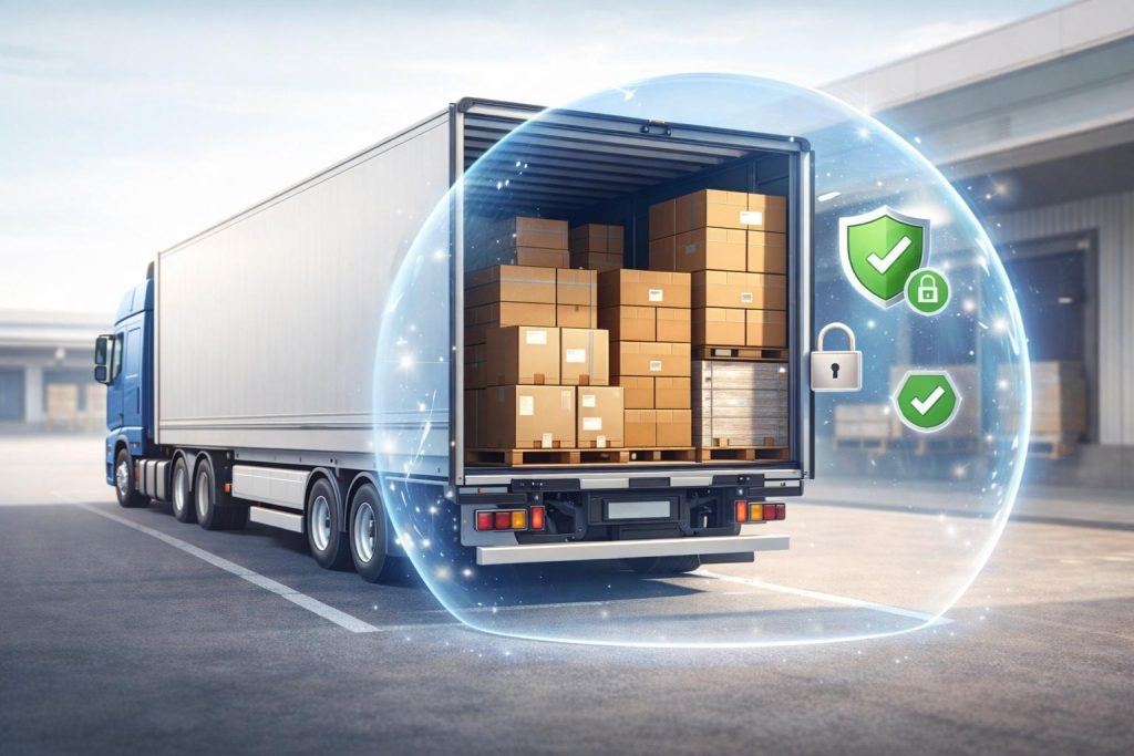 Camion poids lourd avec cargaison protégée par bulle de sécurité symbolisant assurance marchandises transportées