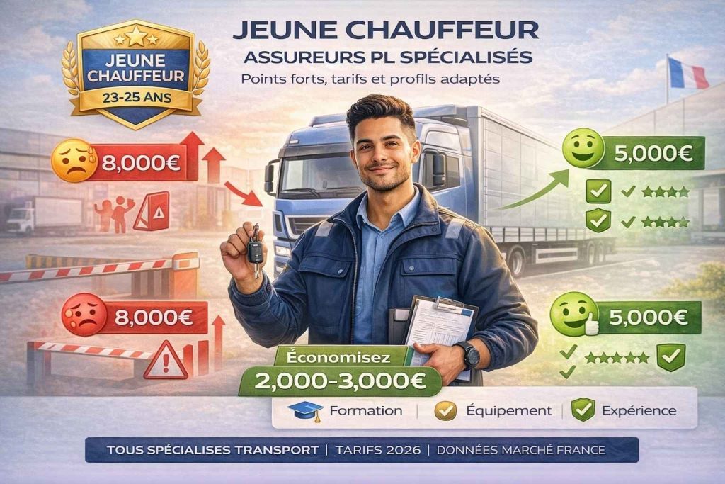 Jeune chauffeur camion 25 ans devant semi-remorque avec prix assurance 8000€ barré vs 5000€ symbolisant négociation réussie