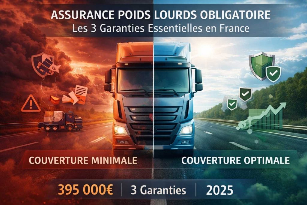 Semi-remorque français sur autoroute illustrant la différence entre assurance poids lourds minimale et optimale - Couverture RC, marchandises et dommages véhicule - Guide transporteurs France 2025