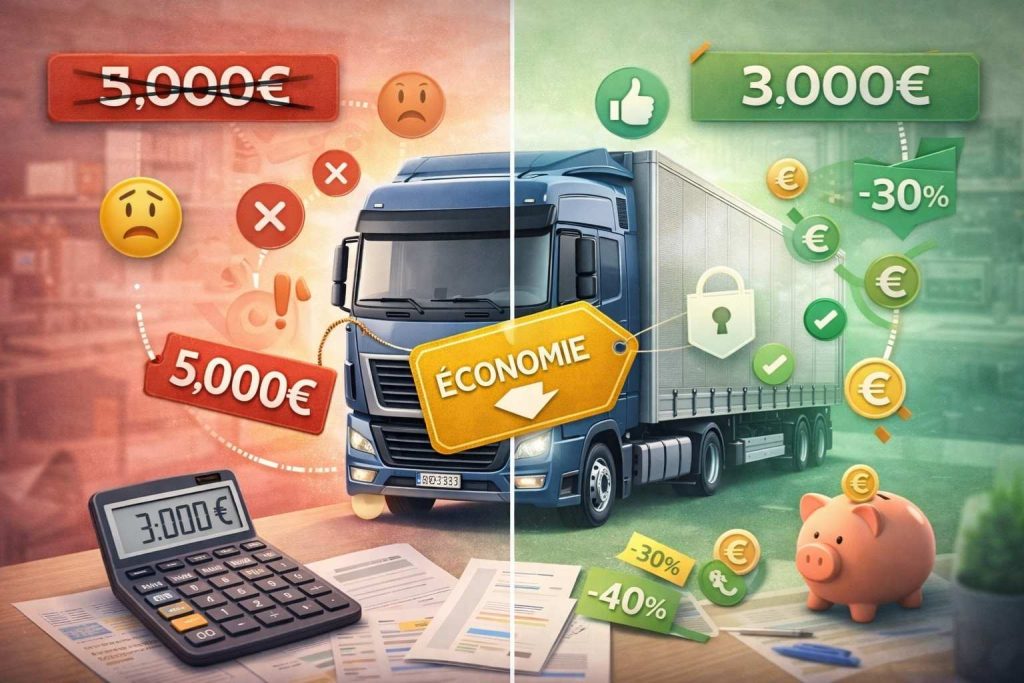 Camion poids lourd avec prix 5000€ barré vs 3000€ économisé symbolisant assurance pas chère sans perte garanties