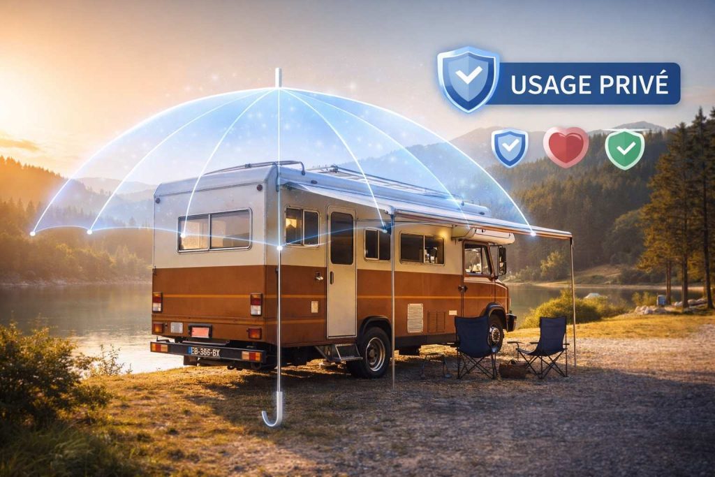 Camion poids lourd aménagé camping-car usage privé au bord lac avec protection assurance symbolique