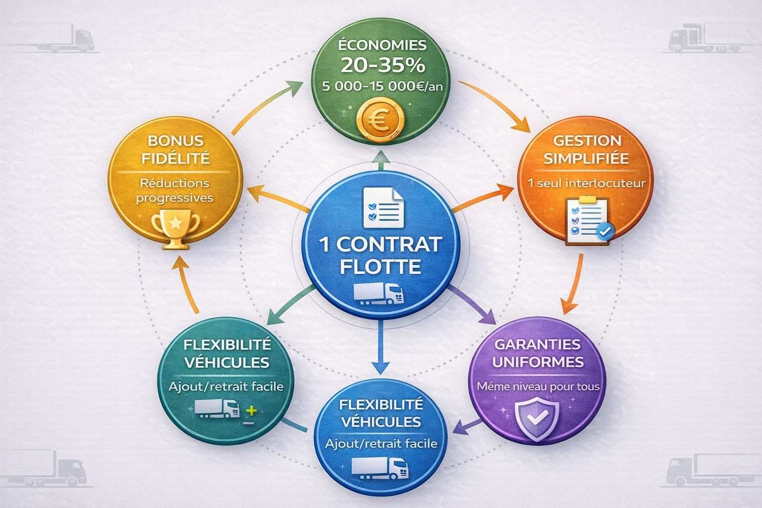 Schéma circulaire 5 avantages assurance flotte : économies 20-35%, gestion simple, garanties uniformes, flexibilité, bonus