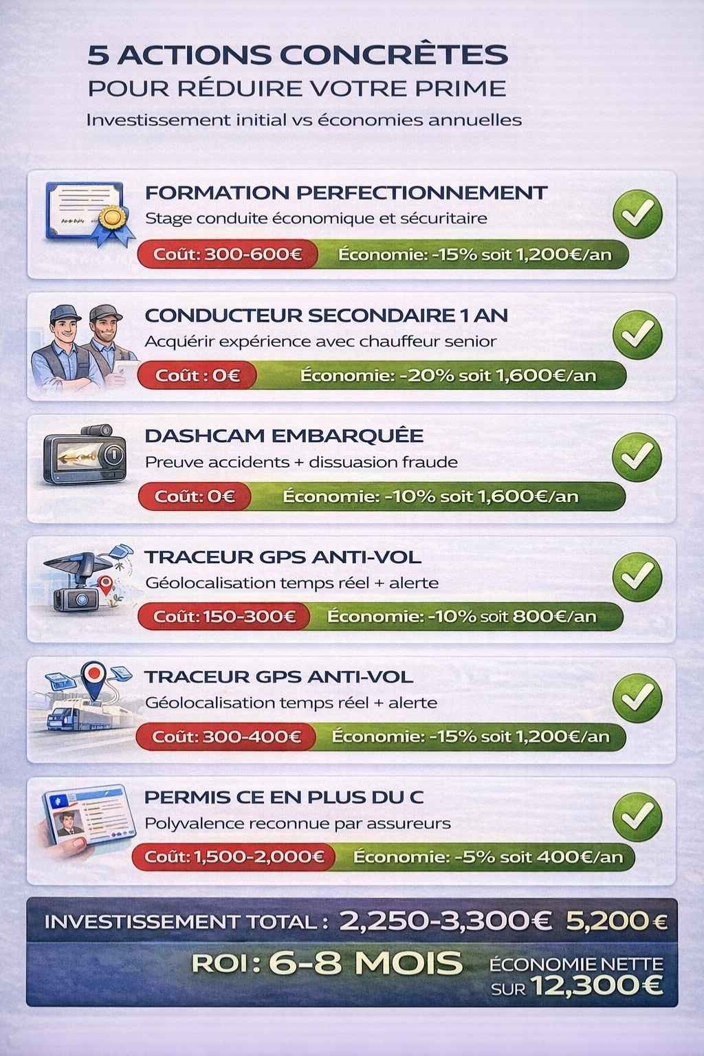 Checklist 5 actions jeune chauffeur PL : formation -15%, conducteur secondaire -20%, dashcam -10%, GPS -15%, permis CE -5%