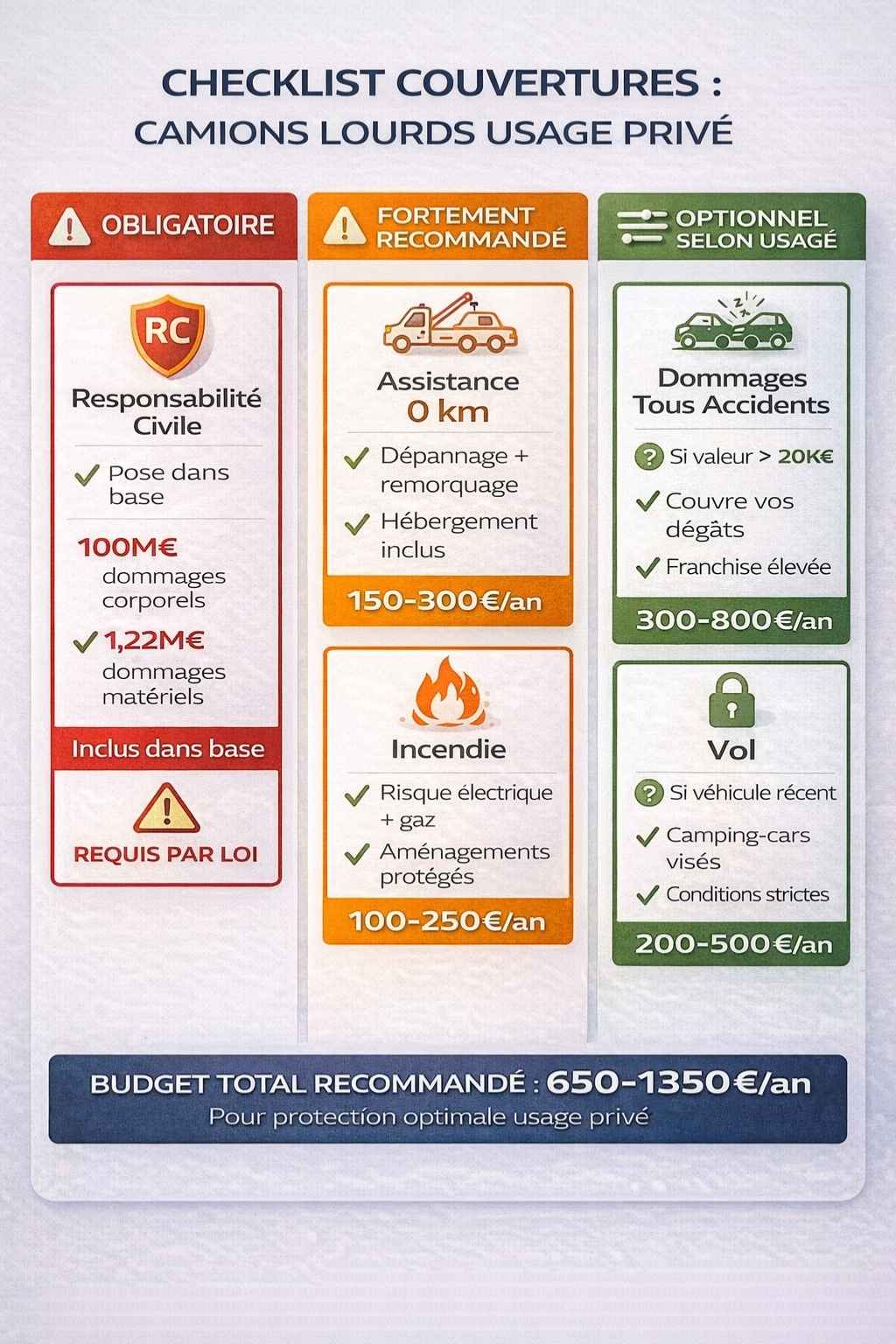 Checklist garanties assurance PL usage privé : RC obligatoire, assistance-incendie recommandés, dommages-vol optionnels