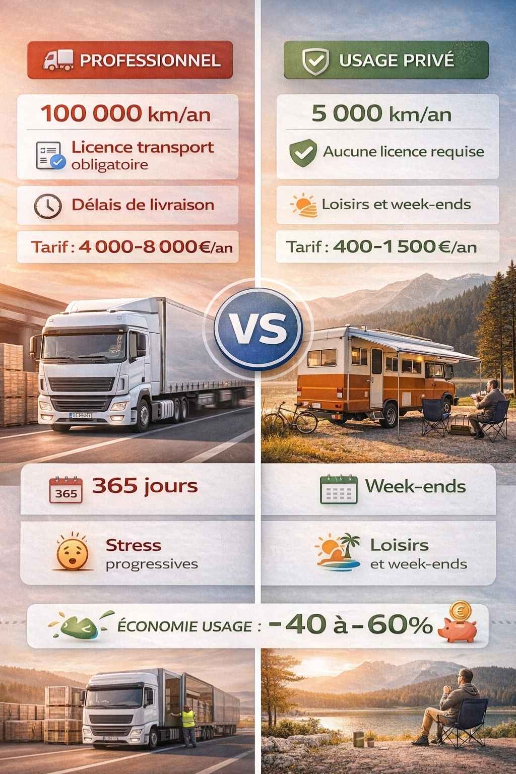 Comparatif usage professionnel 100 000km 4000-8000€ vs usage privé 5000km 400-1500€ poids lourds