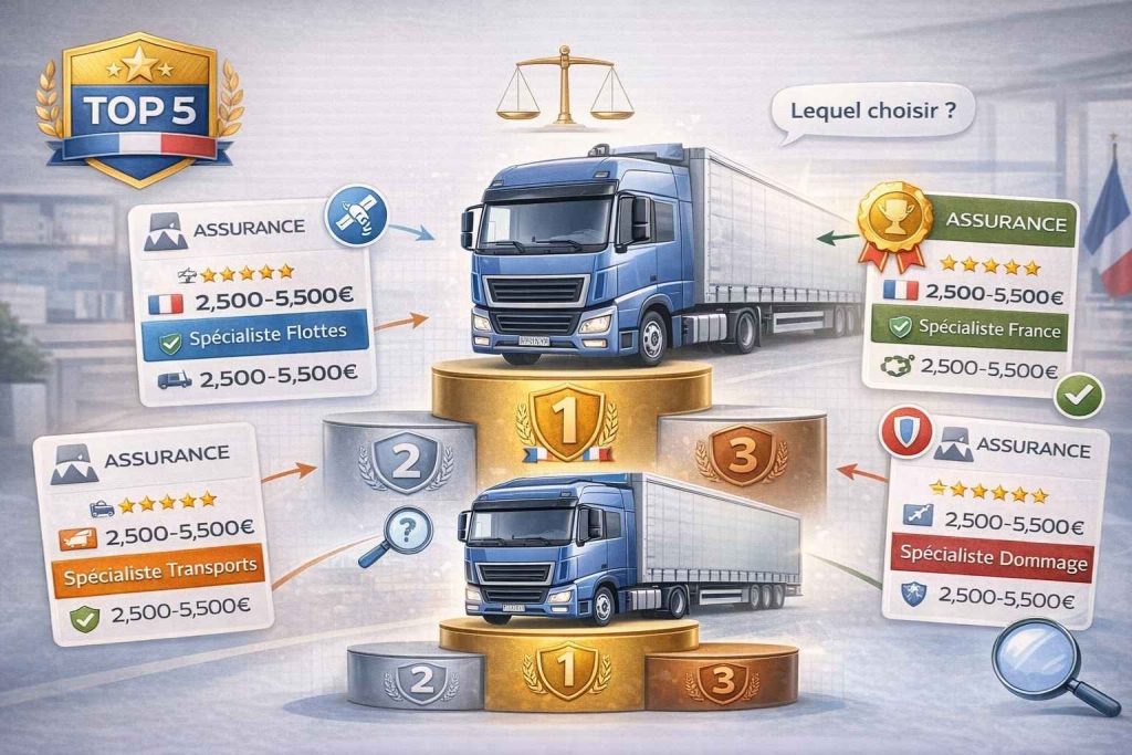 5 cartes assureurs poids lourds autour camion central avec notes étoiles et prix symbolisant comparaison top assureurs France