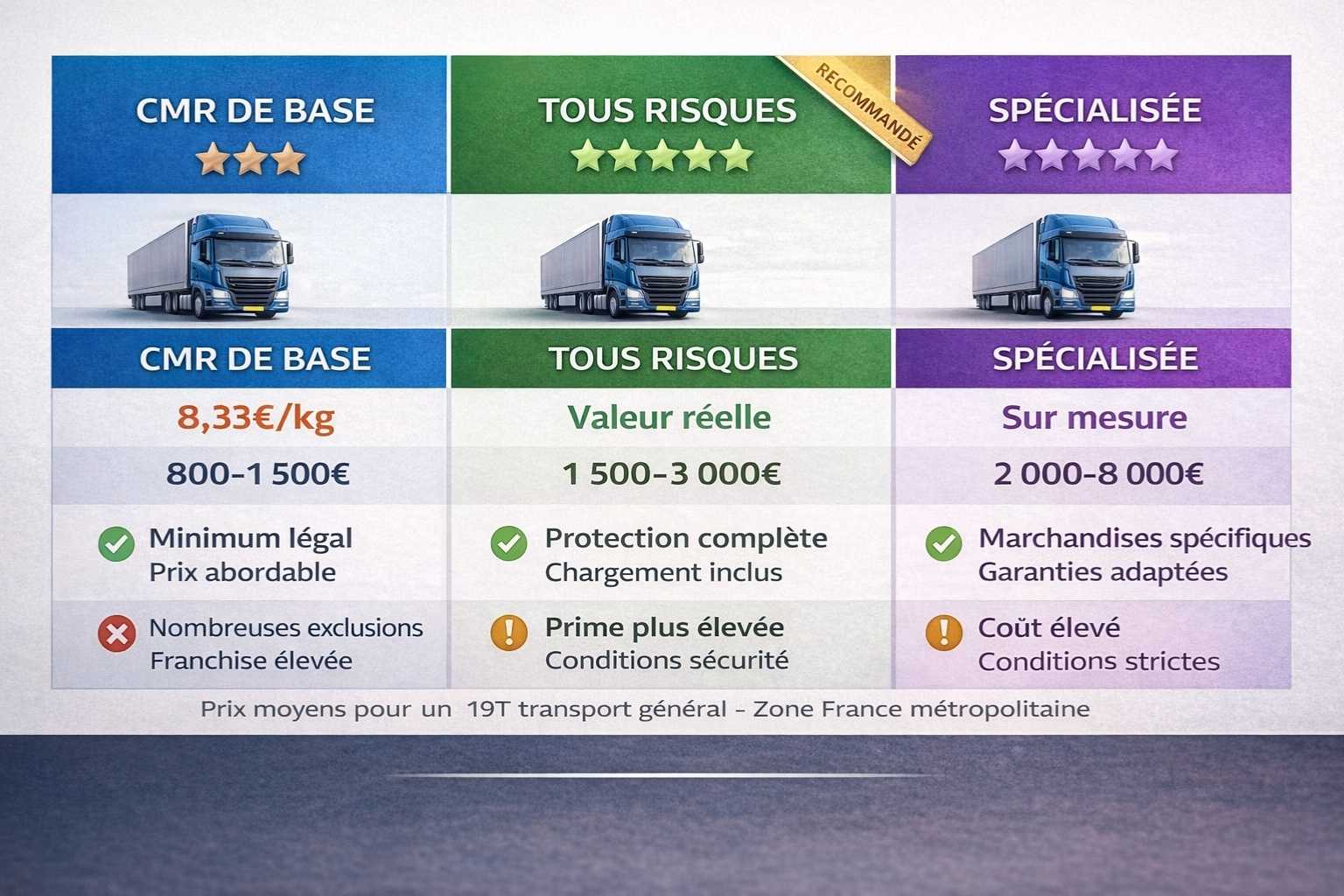 Tableau comparatif trois formules assurance marchandises transportées : CMR base, tous risques, spécialisée avec prix et garanties