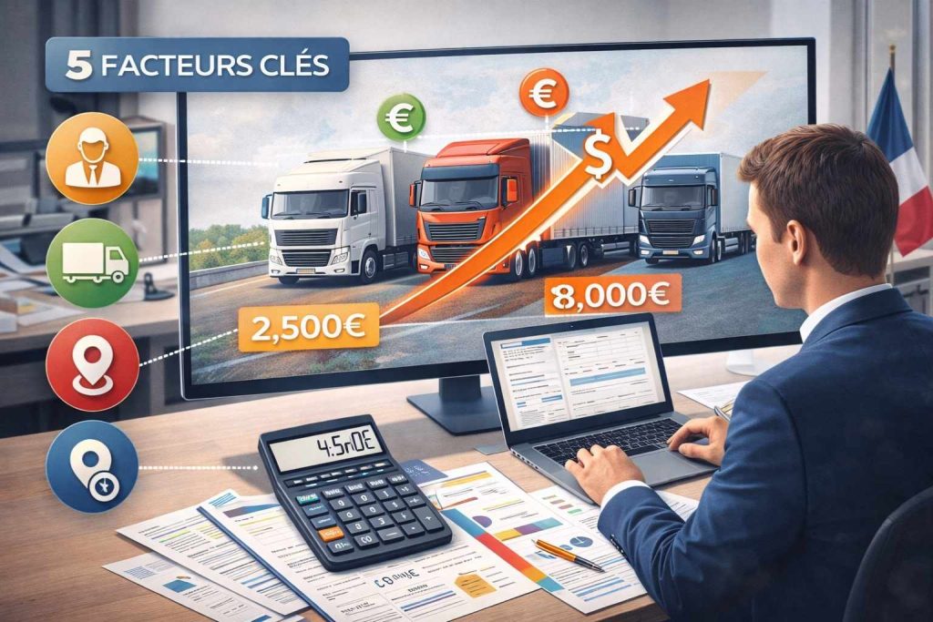 Agent assurance bureau avec écrans montrant camions et prix 2500€-8000€ symbolisant devis assurance poids lourds