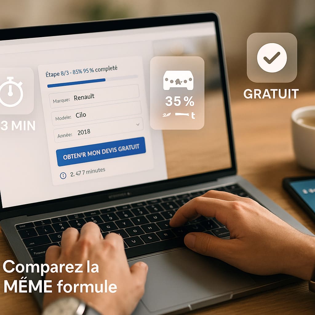Personne obtenant un devis d'assurance auto en ligne en moins de 3 minutes sur ordinateur portable avec chronomètre et formulaire de souscription