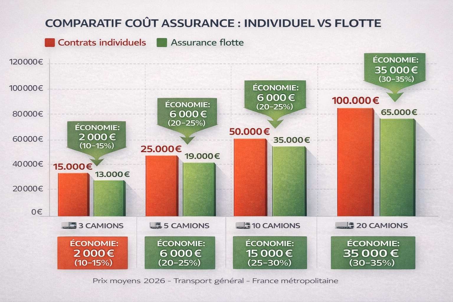 Graphique économies assurance flotte poids lourds : 13% pour 3 camions à 35% pour 20 camions vs contrats individuels