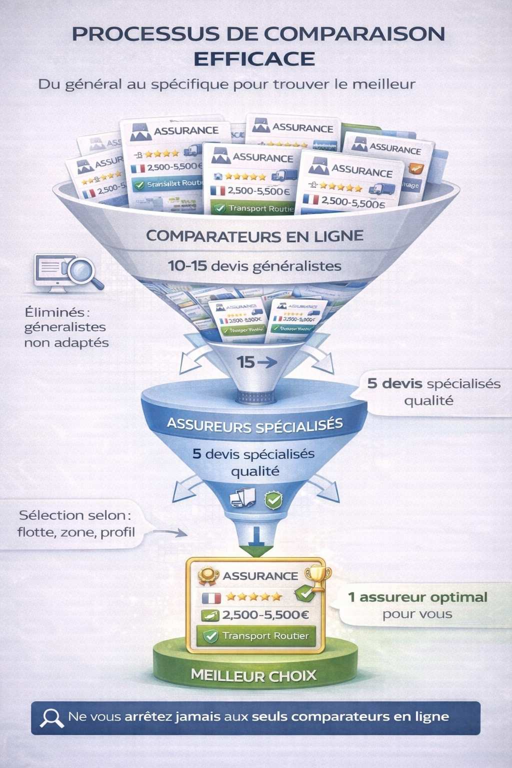 Entonnoir comparaison assurance : 15 devis généralistes → 5 spécialisés transport → 1 choix optimal adapté profil