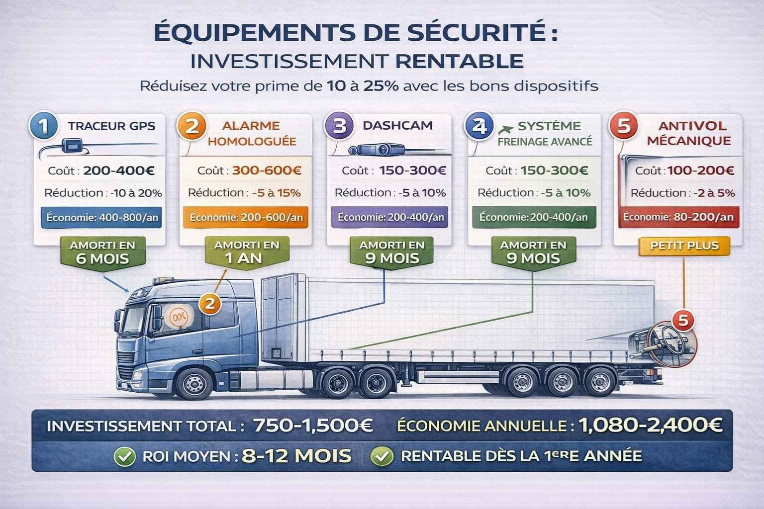 Schéma camion avec 5 équipements sécurité (GPS, alarme, dashcam, freinage, antivol) montrant coûts et économies assurance