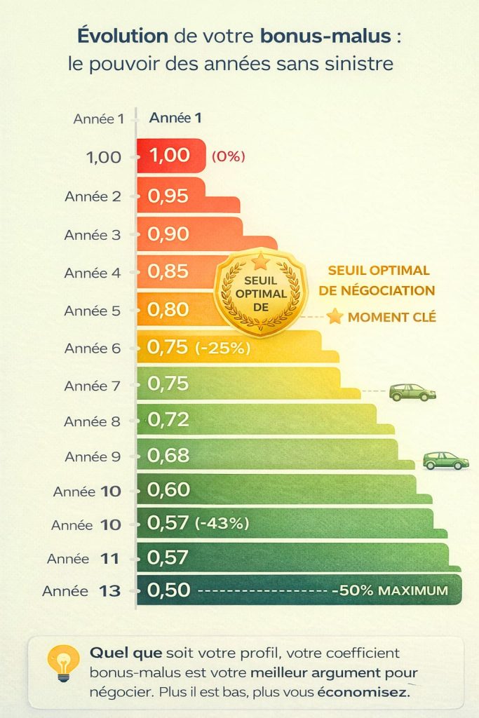 Infographie montrant l'évolution du coefficient bonus-malus de 1.00 à 0.50 sur 13 ans sans sinistre, avec mise en évidence du seuil optimal de négociation à 5 ans