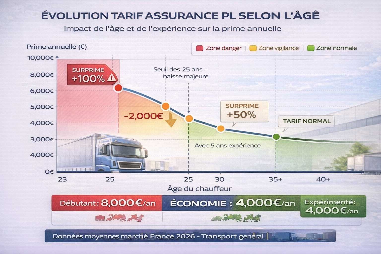 Courbe décroissante tarif assurance PL : 8000€ à 23 ans, 6000€ à 25 ans, 4500€ à 30 ans, 4000€ à 35+ ans