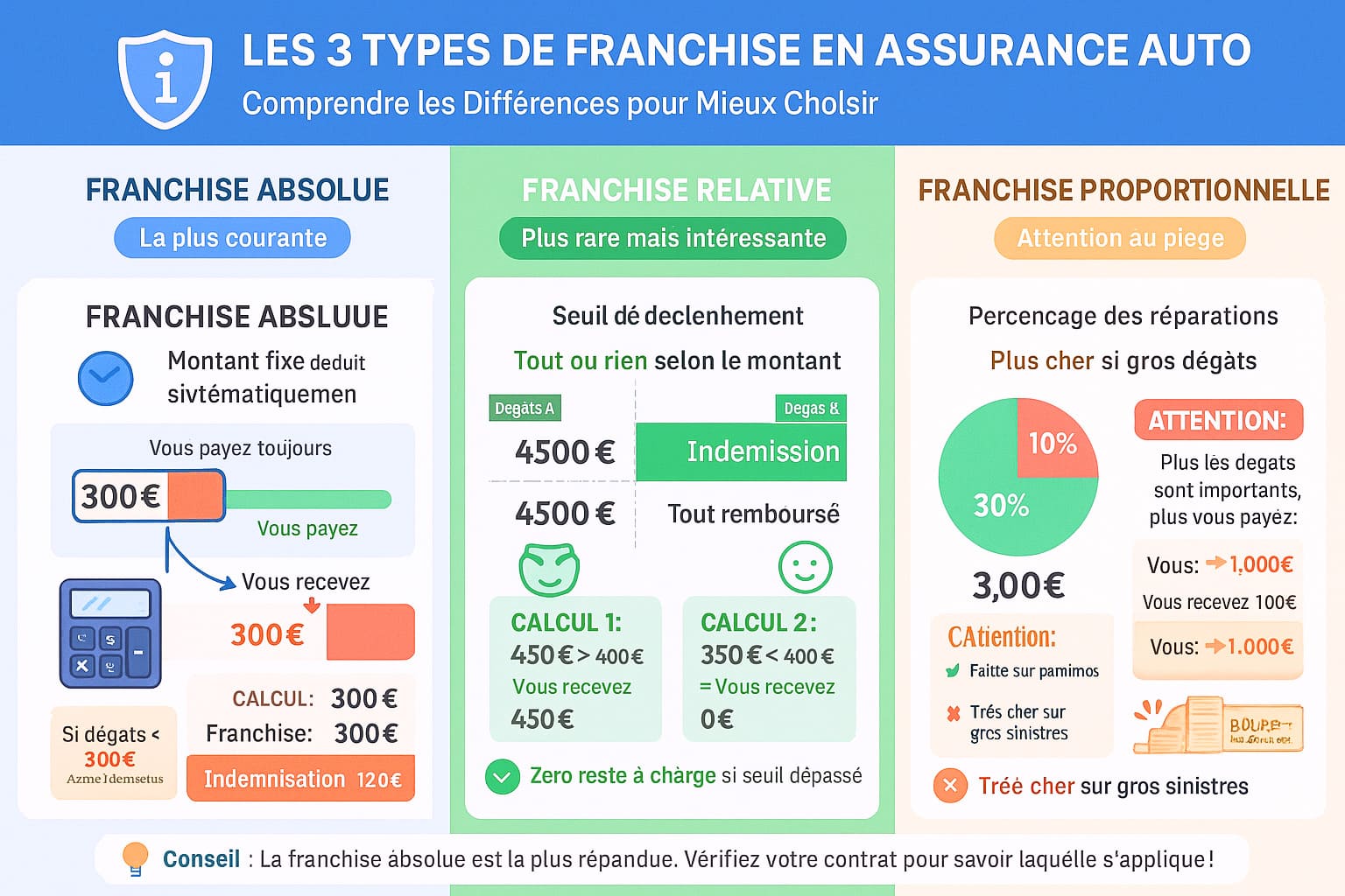 Infographie expliquant les 3 types de franchise en assurance auto : absolue (fixe), relative (seuil tout ou rien), proportionnelle (pourcentage) avec exemples chiffrés