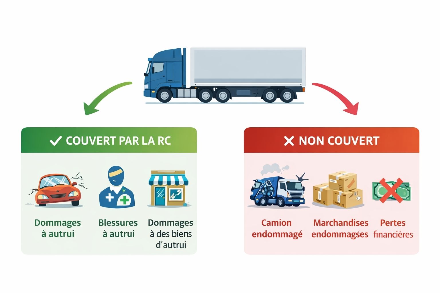 Diagramme montrant couverture RC poids lourds : dommages tiers couverts (vert) vs pertes propres non couvertes (rouge)