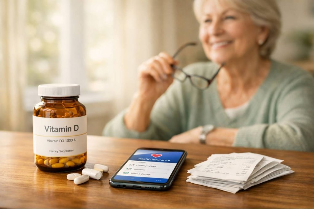 Bouteille de vitamine D et compléments alimentaires sur table avec smartphone montrant application mutuelle santé - contexte senior