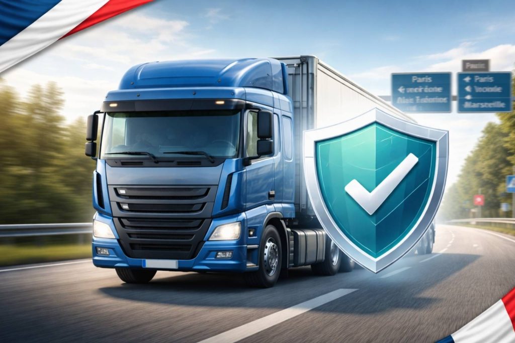 Camion poids lourd sur autoroute avec bouclier de protection symbolisant l'assurance responsabilité civile obligatoire