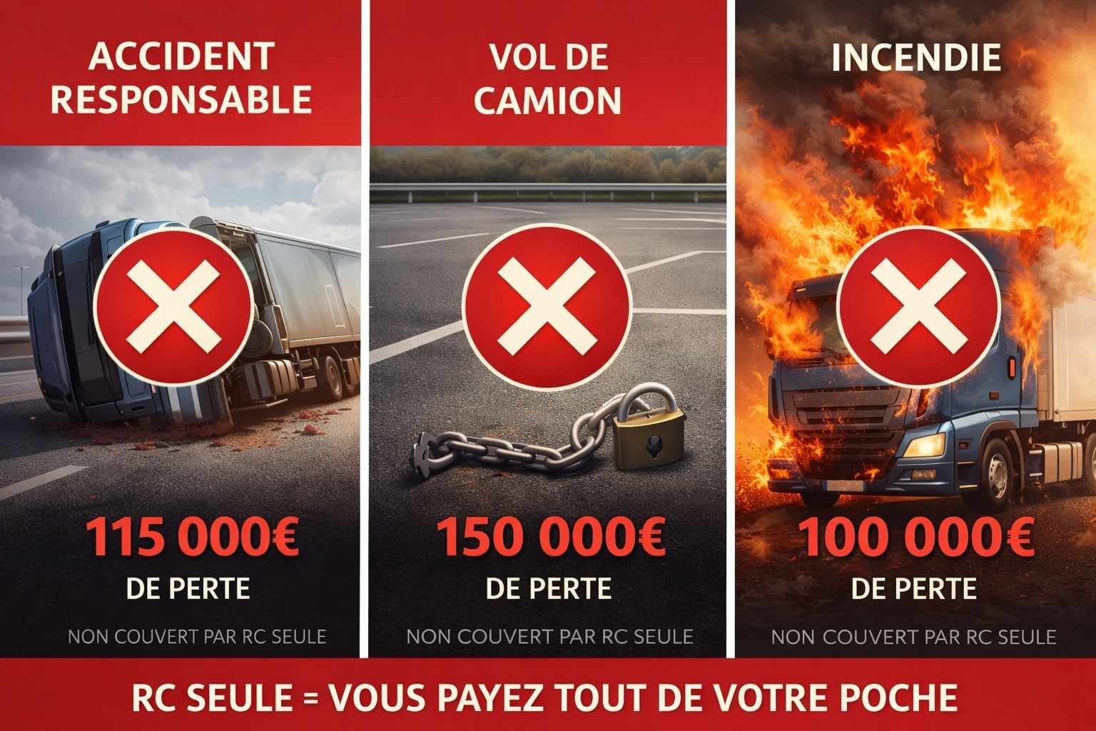 Trois scénarios catastrophes non couverts par RC : accident responsable 115k€, vol 150k€, incendie 100k€