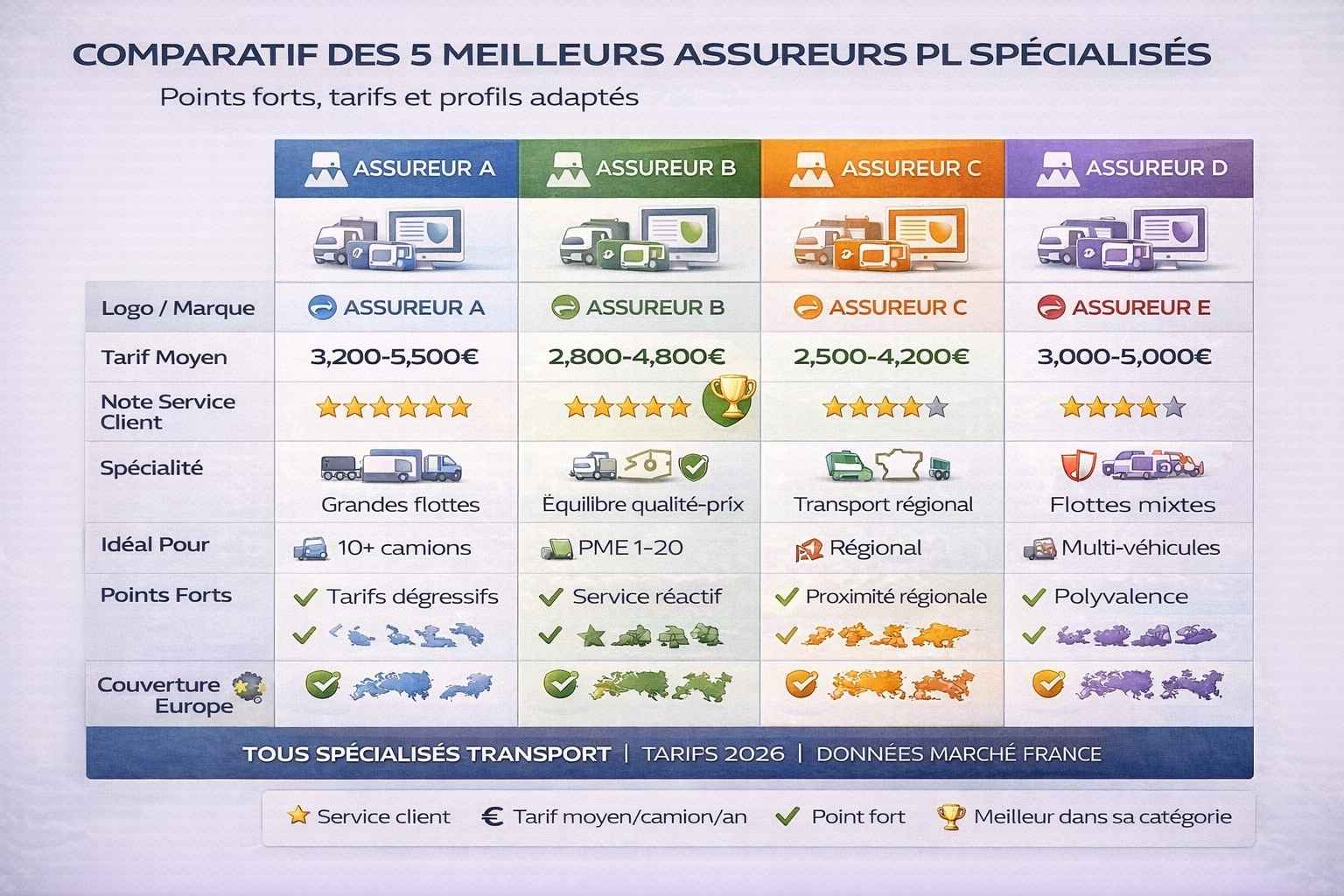 Tableau 5 assureurs PL spécialisés : tarifs 2500-5500€, notes service, spécialités flottes/régional/mutualiste, couverture Europe