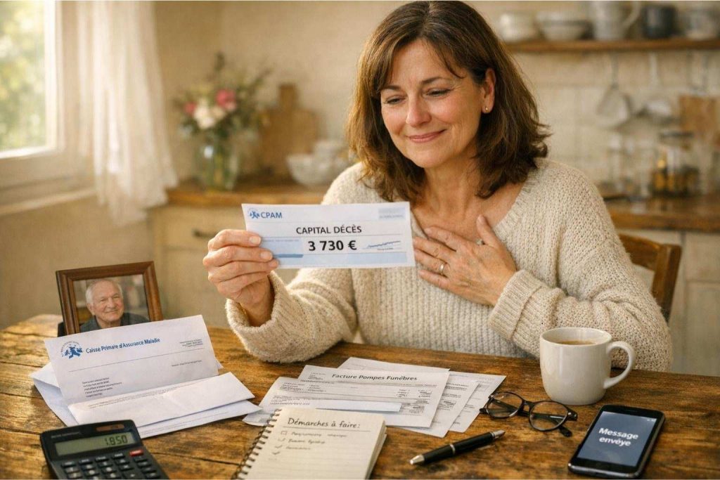 Femme d'âge mûr soulagée tenant un chèque de capital décès de 3 730€ à sa table de cuisine, documents de pompes funèbres visibles, lumière matinale chaleureuse