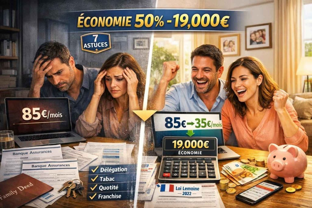Couple français célébrant économie assurance emprunteur ordinateur montrant 85 euros mois versus 35 euros calculatrice 19000 euros économie totale 7 astuces réduction coût moitié