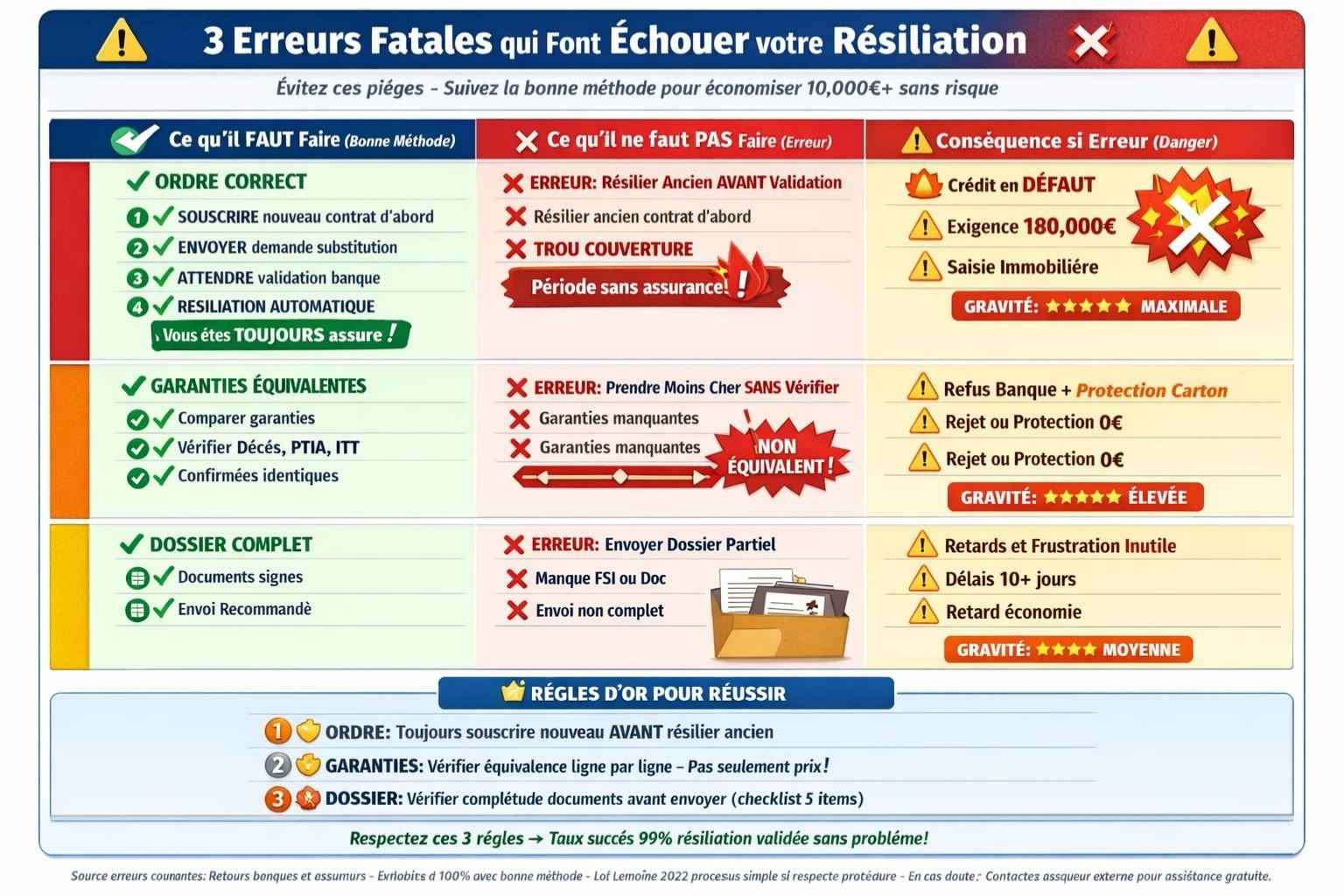 Tableau 3 erreurs fatales résiliation assurance emprunteur : erreur 1 résilier ancien avant validation catastrophe déchéance terme, erreur 2 garanties insuffisantes refus banque protection carton, erreur 3 dossier incomplet retards 10-15 jours avec solutions correctes colonnes