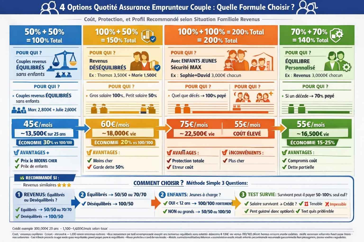 Tableau comparatif 4 colonnes options quotité assurance emprunteur couple 50 50 45 euros mois économie 30 pourcent, 100 50 asymétrique 60 euros optimisé, 100 100 75 euros sécurité max enfants, 70 70 55 euros personnalisé profils coûts recommandations