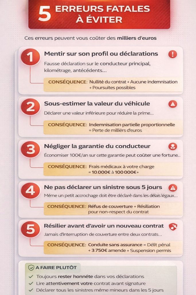 Infographie verticale des 5 erreurs graves à éviter en assurance auto jeune conducteur avec leurs conséquences financières et légales détaillées
