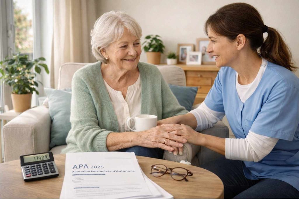 Senior française assistée à domicile par une auxiliaire de vie avec documents APA et montant affiché