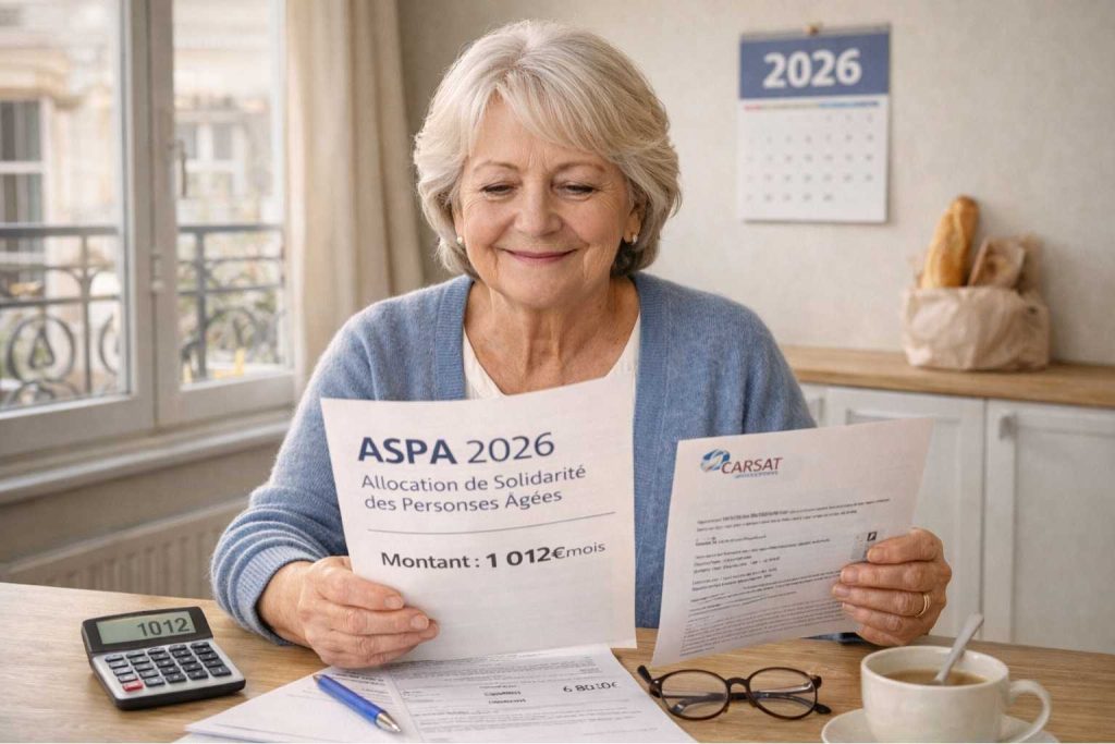Senior femme consultant ses documents ASPA 2026 montrant le montant de 1012 euros par mois avec calculatrice et attestation CARSAT