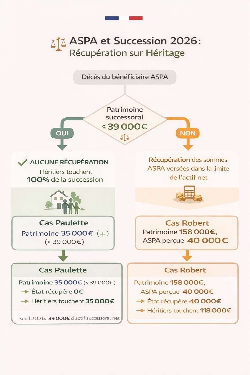 Schéma décisionnel de la récupération ASPA sur succession avec seuil de 39000 euros et deux exemples de cas pratiques
