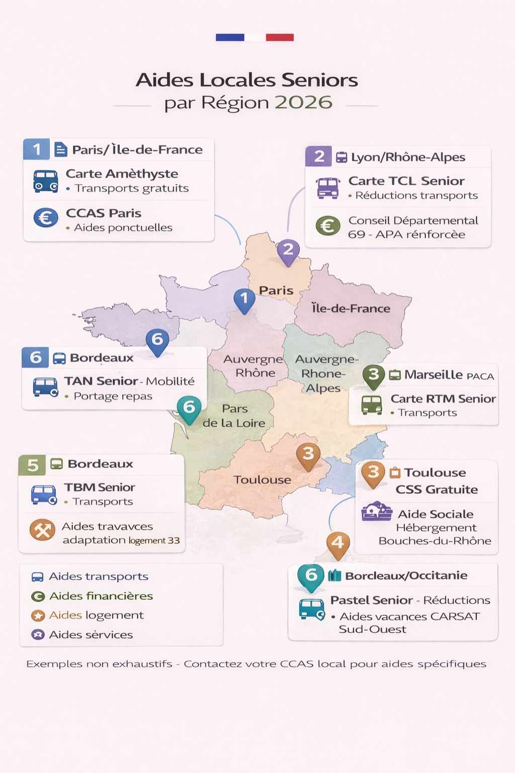Carte de France illustrant les aides locales pour seniors par région avec exemples Paris Lyon Marseille Toulouse Bordeaux Nantes