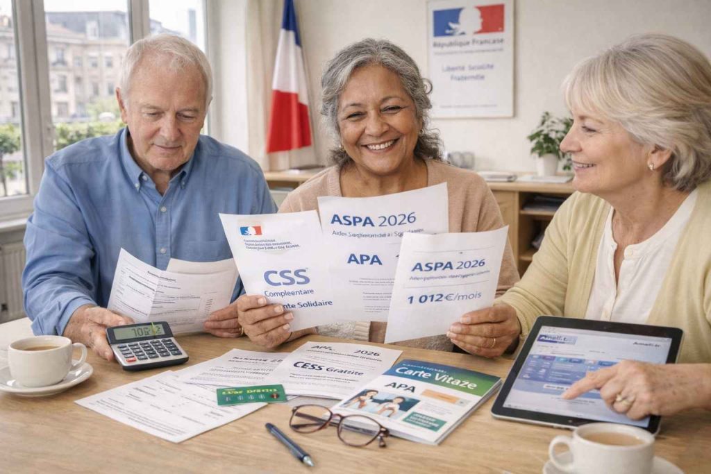 Groupe de trois seniors français consultant ensemble leurs documents d'aides CSS, APA et ASPA 2026 avec carte Vitale et tablette Ameli