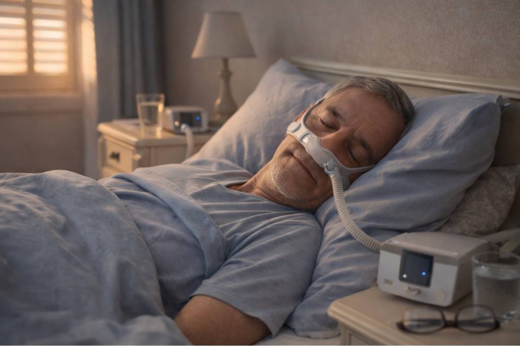 Senior français dormant paisiblement avec un masque PPC pour apnée du sommeil dans une chambre chaleureuse avec appareil moderne sur table de nuit