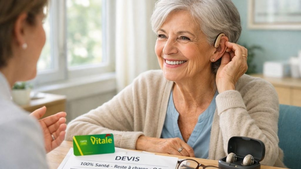 Senior française souriante ajustant son appareil auditif moderne dans un cabinet d'audioprothésiste avec carte vitale et devis 100% Santé sur le bureau
