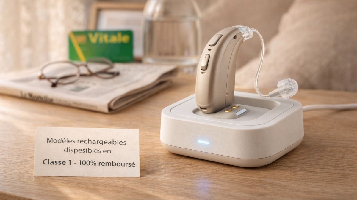 Appareil auditif rechargeable moderne beige sur son socle de charge blanc avec carte vitale française sur table de nuit dans cadre domestique chaleureux