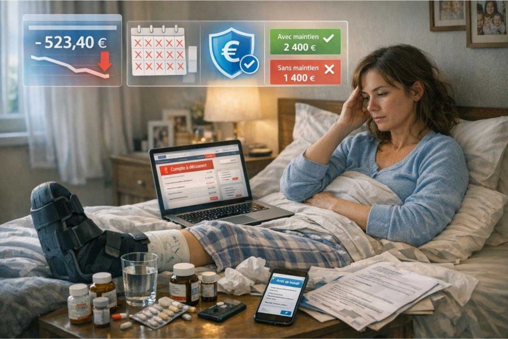 Personne en arrêt maladie à domicile avec jambe plâtrée consultant ses finances sur ordinateur avec interface de maintien de salaire